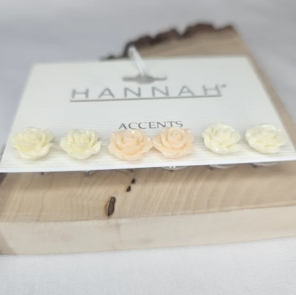 Hannah Accents Rose Stud Set Of 3 Yellow, Peach, Cream 1/2 Inch Retail $24 NWT - Picture 2 of 5